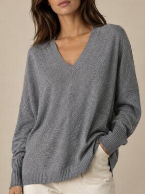 Autumn Cashmere 100% Cashmere Boxy Oversized Gray V Neck Rib Cozy Sweater Large